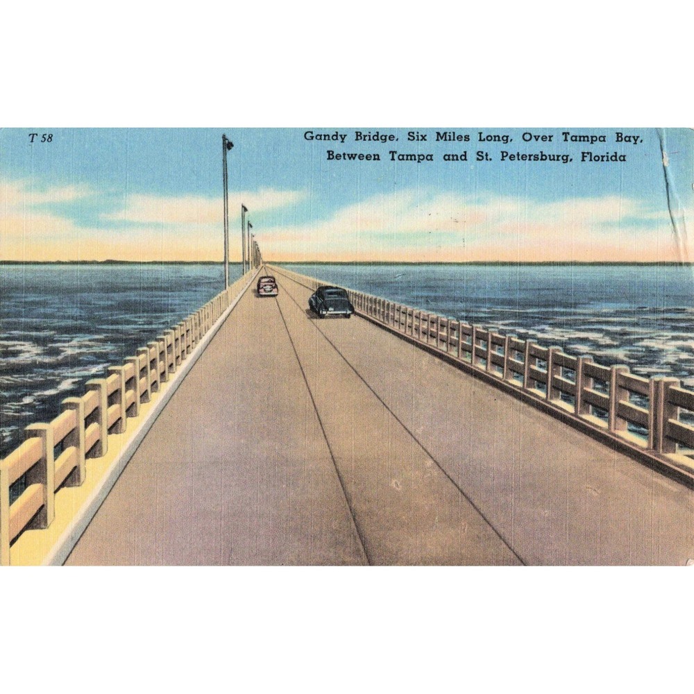 Vintage Gandy Bridge Tampa St Petersburg Florida Linen Postcard 1954 Postmark